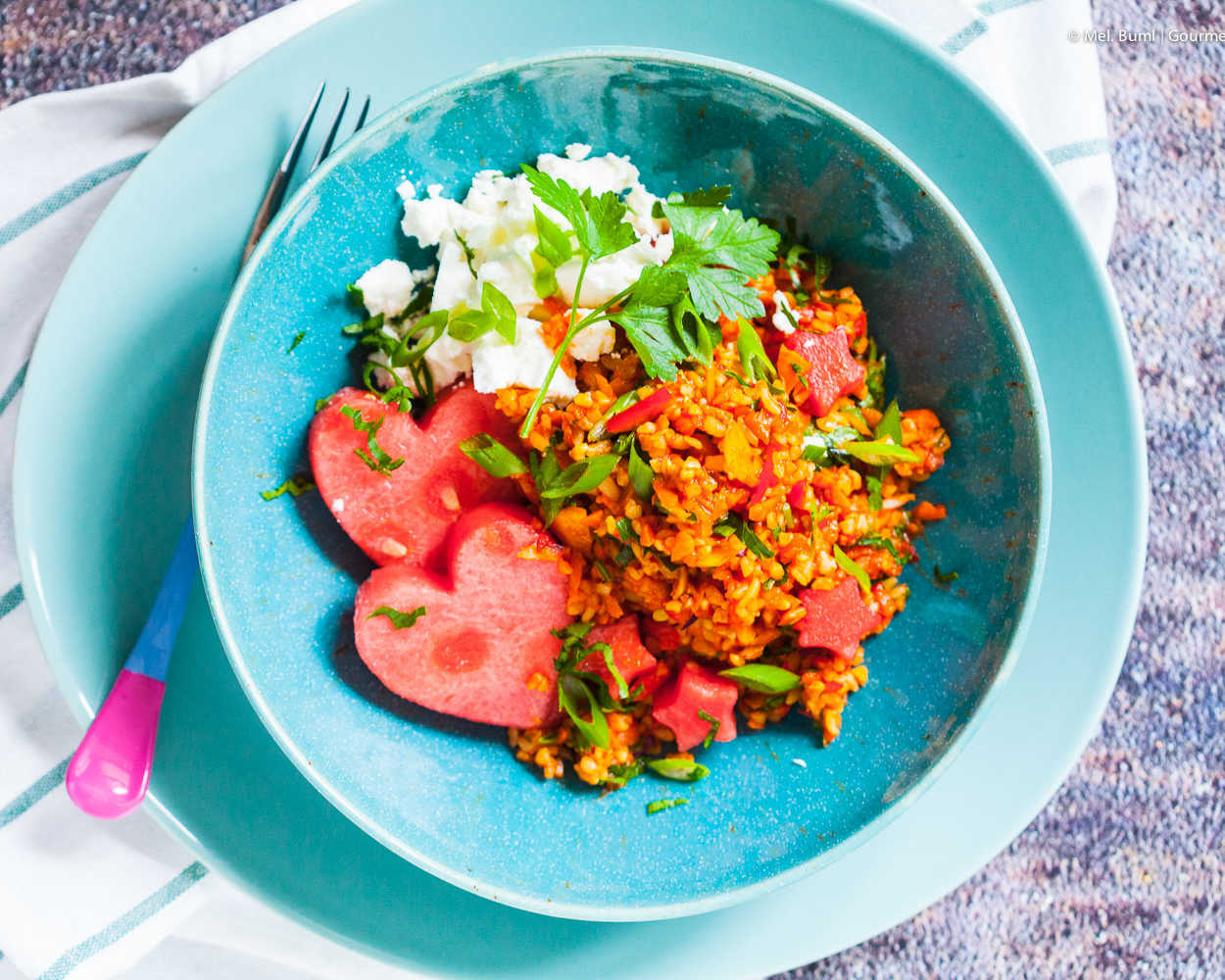 Fixer Bulgur-Gemüse-Salat mit Melone und Feta | GourmetGuerilla.de