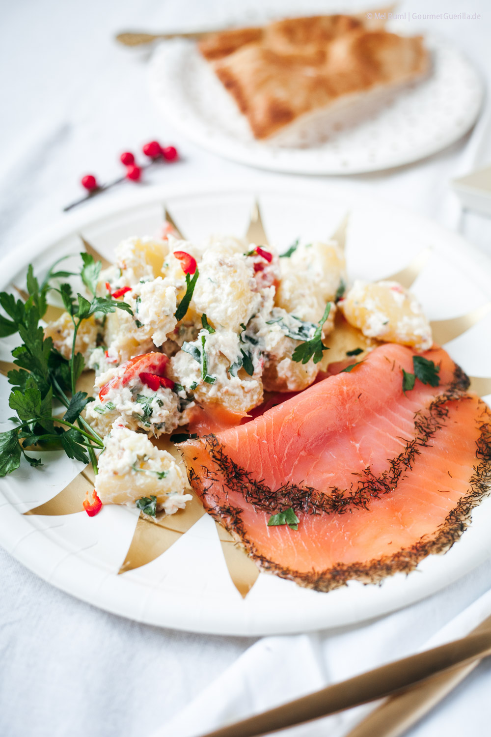 Ayurvedischer Kartoffelsalat mit Graved Lachs zu Weihacnhten oder Silvester | GourmetGuerilla.de