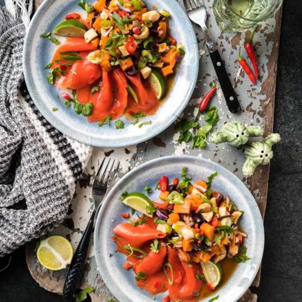 Winterliche Ceviche von Pilzen und Süßkartoffel mit geräuchertem Wildlachs | FoxyFood.de