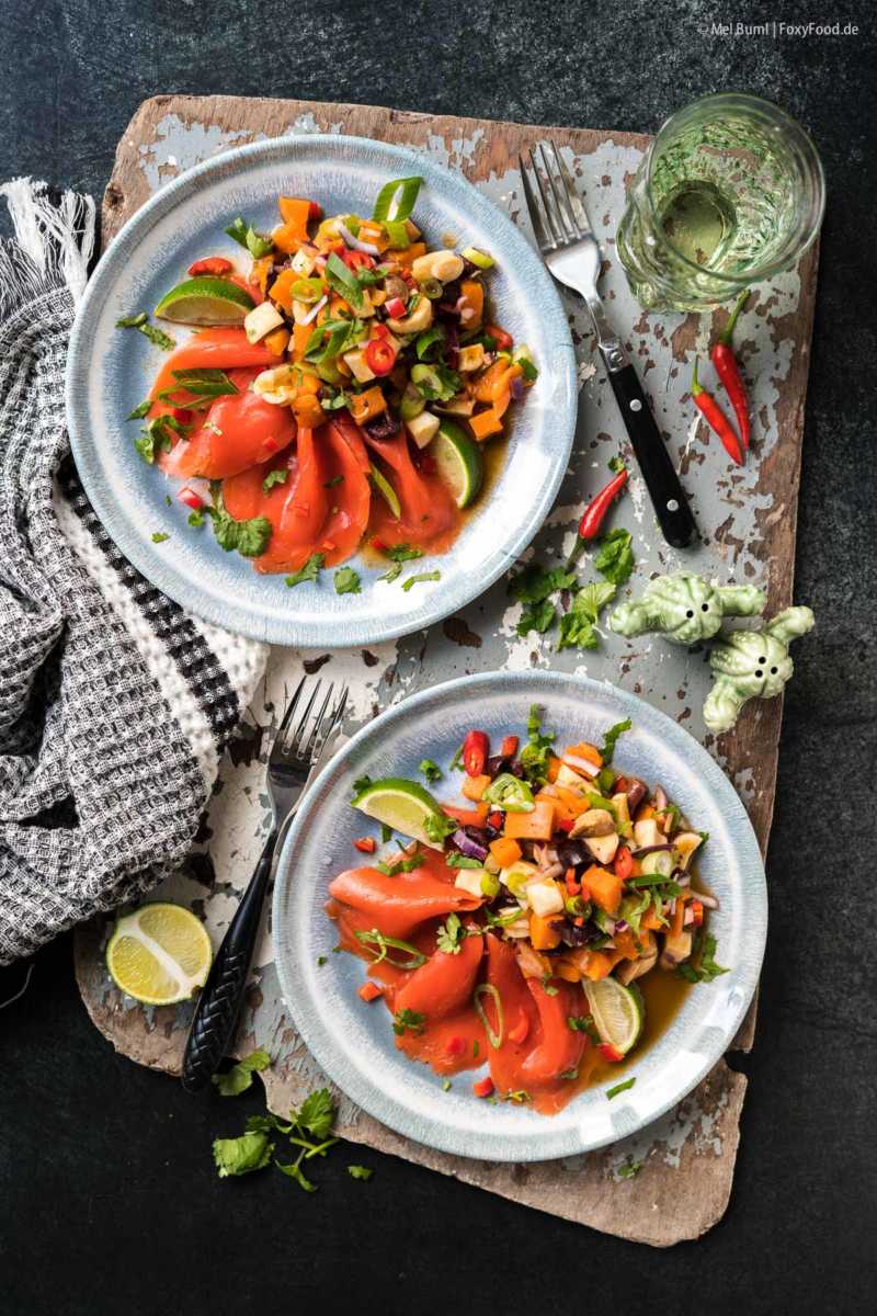 Winterliche Ceviche von Pilzen und Süßkartoffel mit geräuchertem Wildlachs | FoxyFood.de